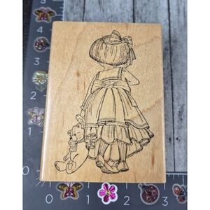 Art Impressions Girl Dress Teddy Bear  T1518 Back Rubber Stamp Wood #P42